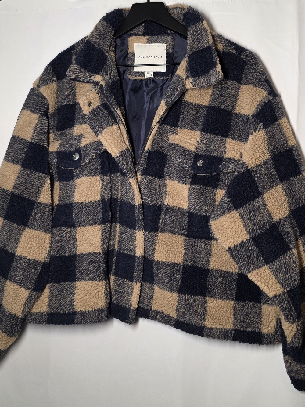 American Eagle Outfitters Navy and Tan Plaid Sherpa Jacket